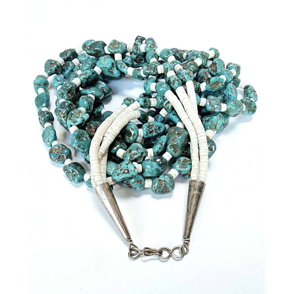 Triple Turquoise Nuggest Necklace Sterling Tips Heishi Shells 28" - 30"...
